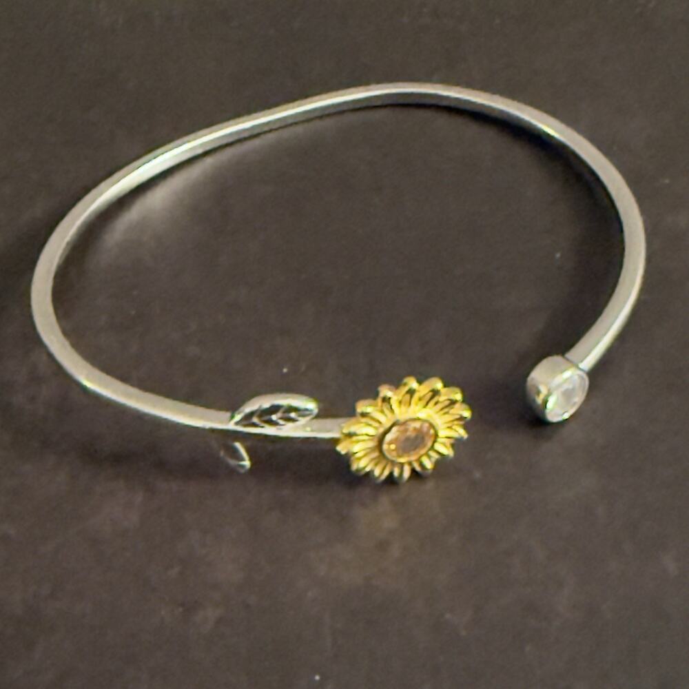Sunflower Cuff Bangle Bracelet, 925 Sterling Silver-NEW